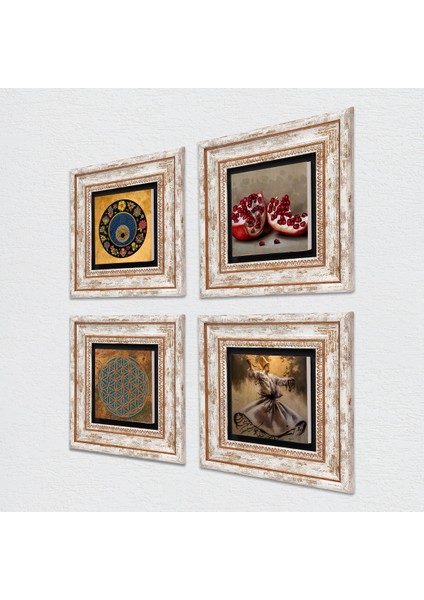 Yaşam Çiçeği, Semazen, Nazar, Nar Taş Duvar Tablosu Çerçeveli Duvar Dekoru 4 Parça Tablo Seti Wall Art T4-595 fiyatları