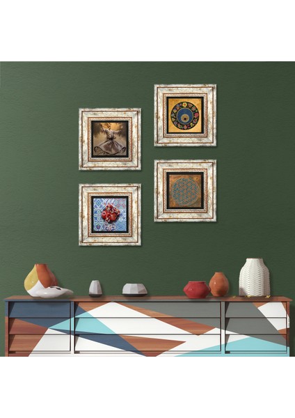 Yaşam Çiçeği, Semazen, Nazar, Nar Taş Duvar Tablosu Çerçeveli Duvar Dekoru 4 Parça Tablo Seti Wall Art T4-596