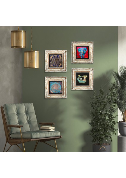 Fil, Yaşam Çiçeği, Şahmeran Çerçeveli Taş Duvar Tablosu 4’lü Set - Dekoratif Modern Sanat, Ev ve Ofis Dekoru |TK4-150|