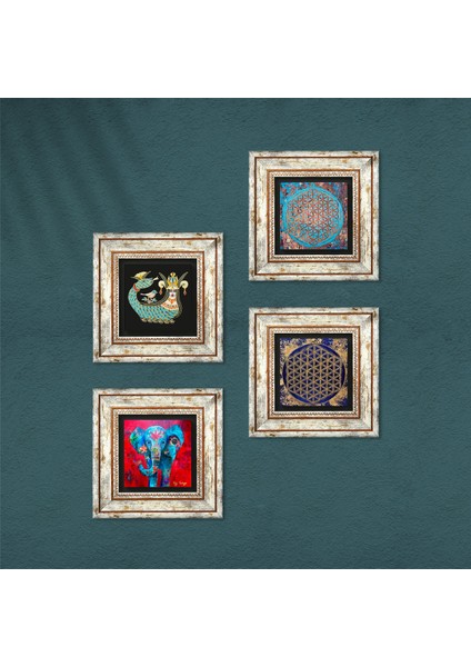 Fil, Yaşam Çiçeği, Şahmeran Çerçeveli Taş Duvar Tablosu 4’lü Set - Dekoratif Modern Sanat, Ev ve Ofis Dekoru |TK4-150| fırsatları