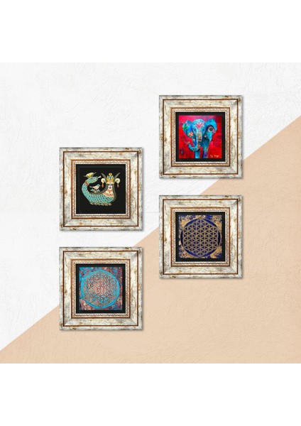 Fil, Yaşam Çiçeği, Şahmeran Çerçeveli Taş Duvar Tablosu 4’lü Set - Dekoratif Modern Sanat, Ev ve Ofis Dekoru |TK4-150| indirimleri