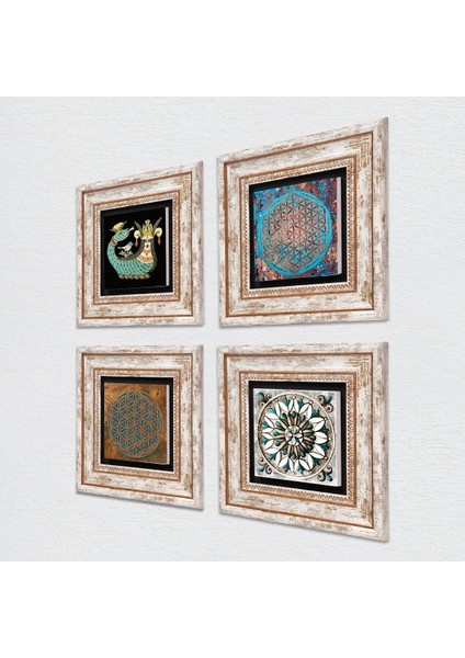 Yaşam Çiçeği, Çini Sanatı, Şahmeran Çerçeveli Taş Duvar Tablosu 4’lü Set - Dekoratif Modern Sanat, Ev ve Ofis Dekoru |TK4-447| fiyatları