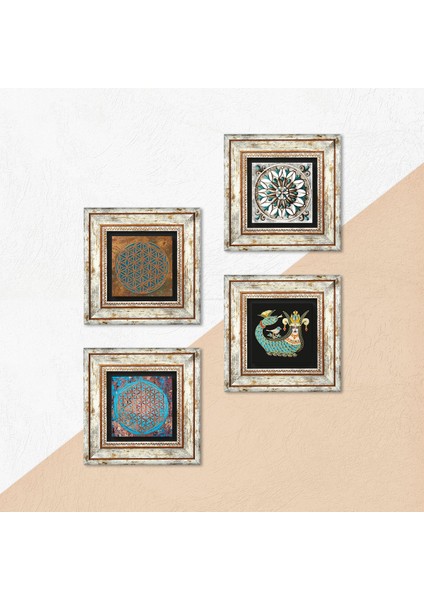 Yaşam Çiçeği, Çini Sanatı, Şahmeran Çerçeveli Taş Duvar Tablosu 4’lü Set - Dekoratif Modern Sanat, Ev ve Ofis Dekoru |TK4-447| indirimleri