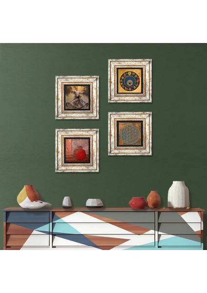 Yaşam Çiçeği, Semazen, Nazar, Nar Taş Duvar Tablosu Çerçeveli Duvar Dekoru 4 Parça Tablo Seti Wall Art T4-605