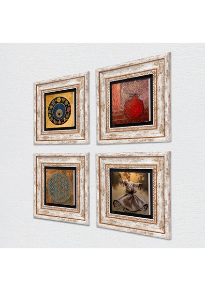 Yaşam Çiçeği, Semazen, Nazar, Nar Taş Duvar Tablosu Çerçeveli Duvar Dekoru 4 Parça Tablo Seti Wall Art T4-605 fiyatları