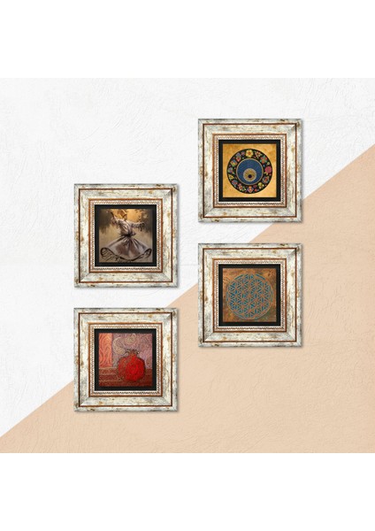 Yaşam Çiçeği, Semazen, Nazar, Nar Taş Duvar Tablosu Çerçeveli Duvar Dekoru 4 Parça Tablo Seti Wall Art T4-605 indirimleri