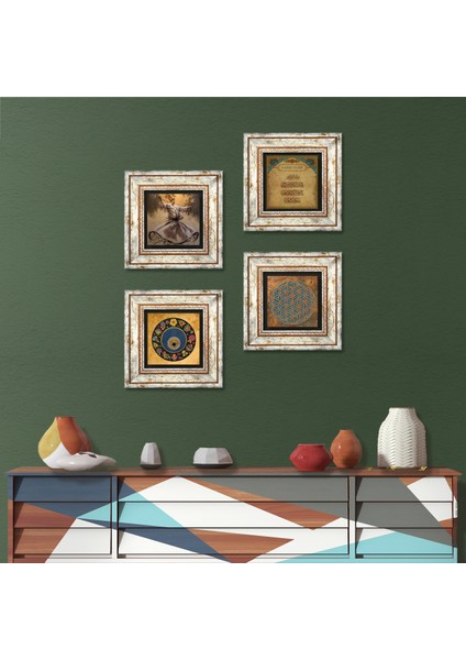 Yaşam Çiçeği, Semazen, Nazar Duası, Nazar Taş Duvar Tablosu Çerçeveli Duvar Dekoru 4 Parça Tablo Seti Wall Art T4-610
