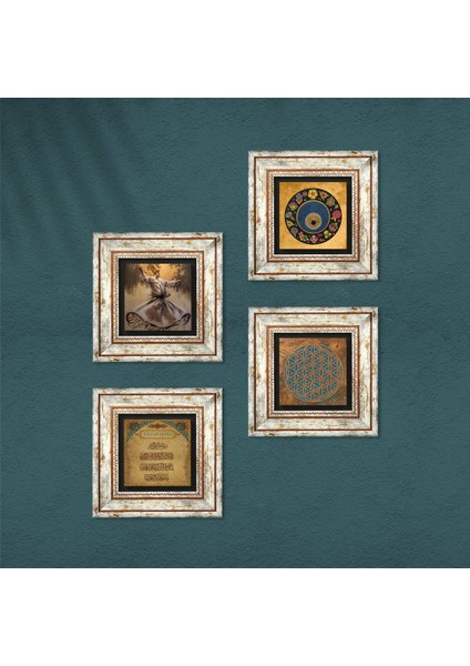 Yaşam Çiçeği, Semazen, Nazar Duası, Nazar Taş Duvar Tablosu Çerçeveli Duvar Dekoru 4 Parça Tablo Seti Wall Art T4-610