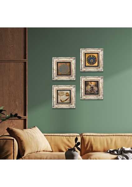 Yaşam Çiçeği, Semazen, Vav, Nazar Çerçeveli Taş Duvar Tablosu 4’lü Set - Dekoratif Modern Sanat, Ev ve Ofis Dekoru |TK4-621|