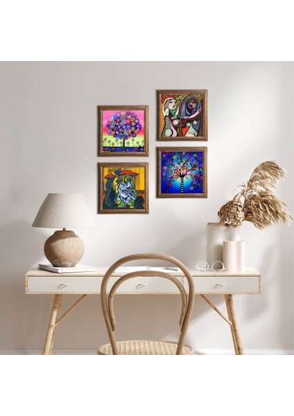 Picasso Ağlayan Kadın, Ayna Karşısındaki Kız, Hayat Ağacı Taş Duvar Tablosu Ahşap Çerçeveli Duvar Dekoru 4 Parça Tablo Seti Wall Art W4-1024