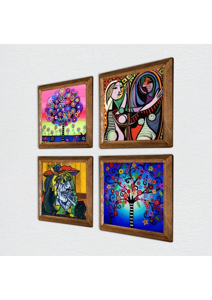 Picasso Ağlayan Kadın, Ayna Karşısındaki Kız, Hayat Ağacı Taş Duvar Tablosu Ahşap Çerçeveli Duvar Dekoru 4 Parça Tablo Seti Wall Art W4-1024 fiyatları