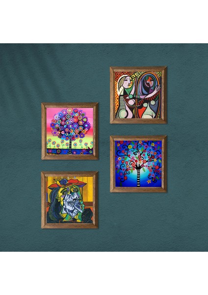 Picasso Ağlayan Kadın, Ayna Karşısındaki Kız, Hayat Ağacı Taş Duvar Tablosu Ahşap Çerçeveli Duvar Dekoru 4 Parça Tablo Seti Wall Art W4-1024 modelleri