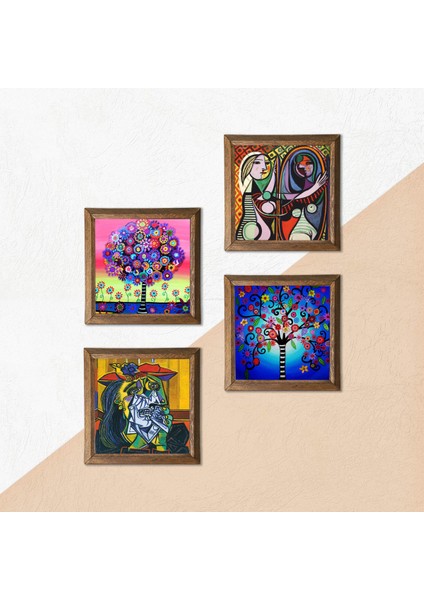 Picasso Ağlayan Kadın, Ayna Karşısındaki Kız, Hayat Ağacı Taş Duvar Tablosu Ahşap Çerçeveli Duvar Dekoru 4 Parça Tablo Seti Wall Art W4-1024 indirimleri