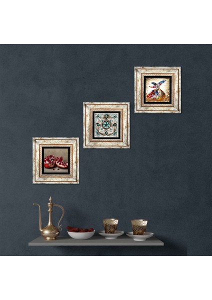 Çini Sanatı, Semazen, Nar Taş Duvar Tablosu Çerçeveli Duvar Dekoru 3 Parça Tablo Seti Wall Art T3-263