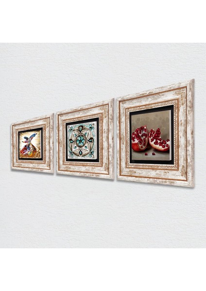 Çini Sanatı, Semazen, Nar Taş Duvar Tablosu Çerçeveli Duvar Dekoru 3 Parça Tablo Seti Wall Art T3-263