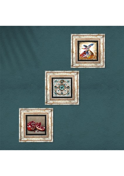 Çini Sanatı, Semazen, Nar Taş Duvar Tablosu Çerçeveli Duvar Dekoru 3 Parça Tablo Seti Wall Art T3-263