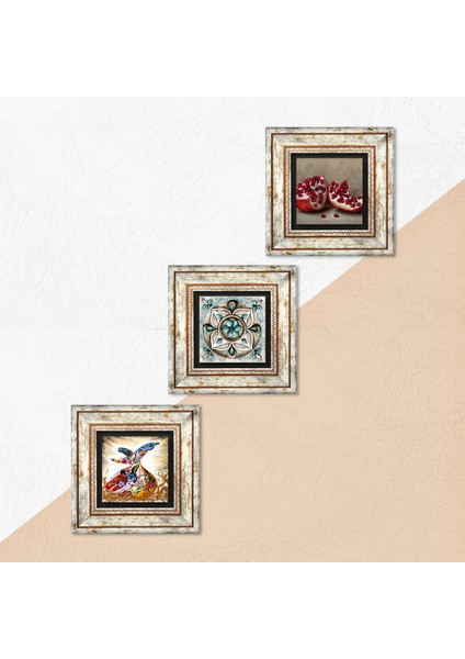 Çini Sanatı, Semazen, Nar Taş Duvar Tablosu Çerçeveli Duvar Dekoru 3 Parça Tablo Seti Wall Art T3-263