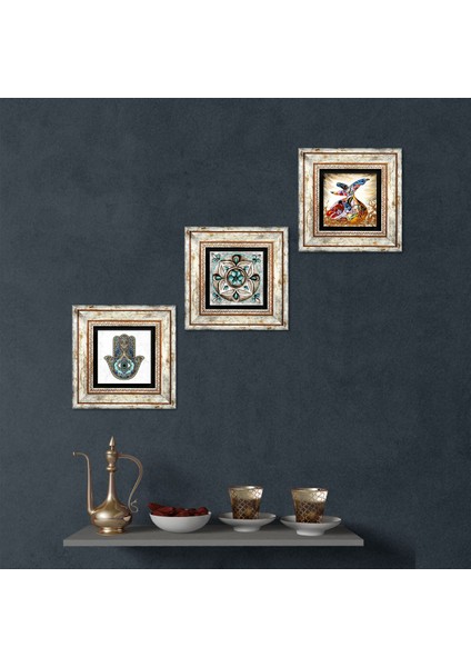 Çini Sanatı, Semazen, Fatma Ana Eli (Hamsa) Taş Duvar Tablosu Çerçeveli Duvar Dekoru 3 Parça Tablo Seti Wall Art T3-264