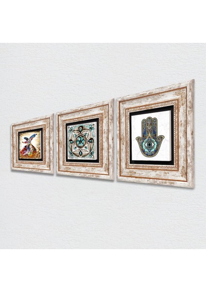 Çini Sanatı, Semazen, Fatma Ana Eli (Hamsa) Taş Duvar Tablosu Çerçeveli Duvar Dekoru 3 Parça Tablo Seti Wall Art T3-264