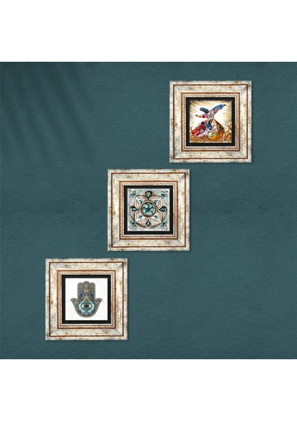 Çini Sanatı, Semazen, Fatma Ana Eli (Hamsa) Taş Duvar Tablosu Çerçeveli Duvar Dekoru 3 Parça Tablo Seti Wall Art T3-264