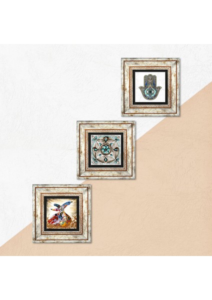 Çini Sanatı, Semazen, Fatma Ana Eli (Hamsa) Taş Duvar Tablosu Çerçeveli Duvar Dekoru 3 Parça Tablo Seti Wall Art T3-264