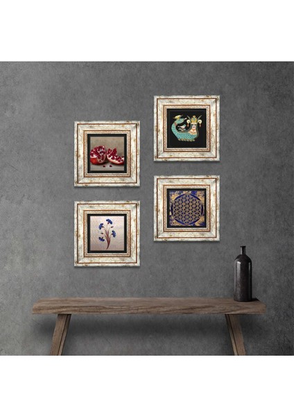 Ebru Sanatı, Yaşam Çiçeği, Şahmeran, Nar Taş Duvar Tablosu Çerçeveli Duvar Dekoru 4 Parça Tablo Seti Wall Art T4-772