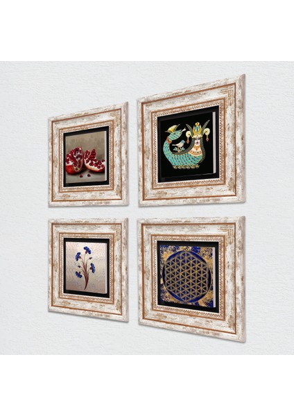 Ebru Sanatı, Yaşam Çiçeği, Şahmeran, Nar Taş Duvar Tablosu Çerçeveli Duvar Dekoru 4 Parça Tablo Seti Wall Art T4-772