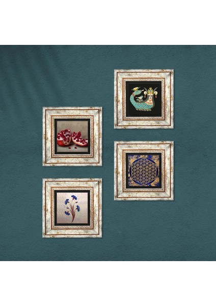 Ebru Sanatı, Yaşam Çiçeği, Şahmeran, Nar Taş Duvar Tablosu Çerçeveli Duvar Dekoru 4 Parça Tablo Seti Wall Art T4-772
