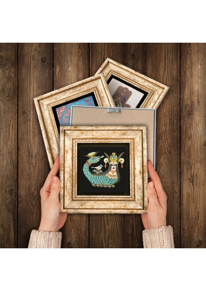 Ebru Sanatı, Yaşam Çiçeği, Şahmeran, Nar Taş Duvar Tablosu Çerçeveli Duvar Dekoru 4 Parça Tablo Seti Wall Art T4-772