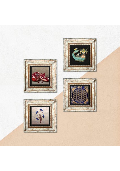 Ebru Sanatı, Yaşam Çiçeği, Şahmeran, Nar Taş Duvar Tablosu Çerçeveli Duvar Dekoru 4 Parça Tablo Seti Wall Art T4-772
