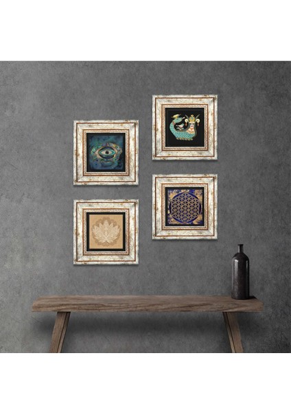 Nazar, Lotus Çiçeği, Yaşam Çiçeği, Şahmeran Çerçeveli Taş Duvar Tablosu 4’lü Set - Dekoratif Modern Sanat, Ev ve Ofis Dekoru |TK4-792|