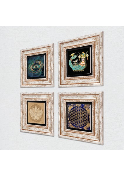 Nazar, Lotus Çiçeği, Yaşam Çiçeği, Şahmeran Çerçeveli Taş Duvar Tablosu 4’lü Set - Dekoratif Modern Sanat, Ev ve Ofis Dekoru |TK4-792| fiyatları