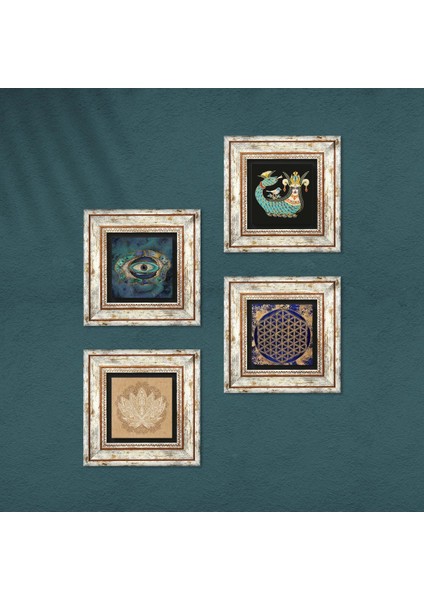Nazar, Lotus Çiçeği, Yaşam Çiçeği, Şahmeran Çerçeveli Taş Duvar Tablosu 4’lü Set - Dekoratif Modern Sanat, Ev ve Ofis Dekoru |TK4-792| fırsatları