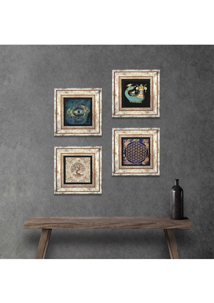 Nazar, Yaşam Çiçeği, Şahmeran, Hayat Ağacı Taş Duvar Tablosu Çerçeveli Duvar Dekoru 4 Parça Tablo Seti Wall Art T4-794