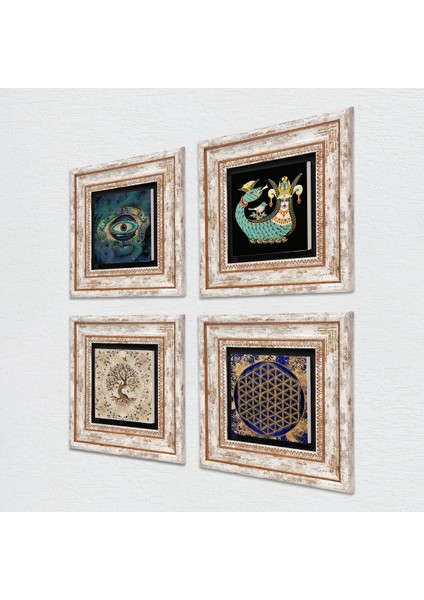 Nazar, Yaşam Çiçeği, Şahmeran, Hayat Ağacı Taş Duvar Tablosu Çerçeveli Duvar Dekoru 4 Parça Tablo Seti Wall Art T4-794