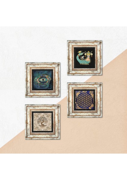Nazar, Yaşam Çiçeği, Şahmeran, Hayat Ağacı Taş Duvar Tablosu Çerçeveli Duvar Dekoru 4 Parça Tablo Seti Wall Art T4-794