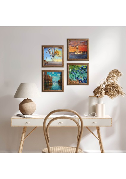 Salvador Dalí, Claude Monet, Van Gogh, İstanbul Kız Kulesi Taş Duvar Tablosu Ahşap Çerçeveli Duvar Dekoru 4 Parça Tablo Seti Wall Art W4-751