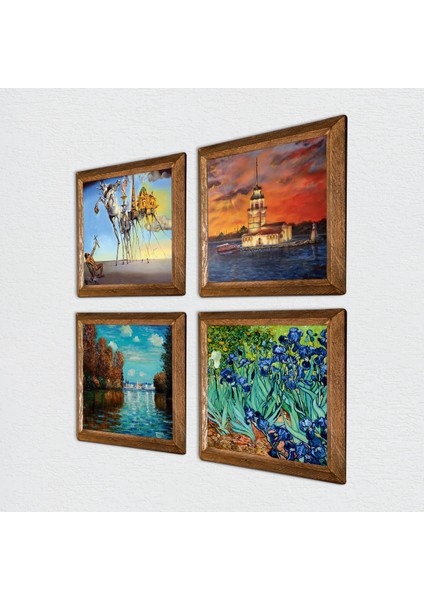 Salvador Dalí, Claude Monet, Van Gogh, İstanbul Kız Kulesi Taş Duvar Tablosu Ahşap Çerçeveli Duvar Dekoru 4 Parça Tablo Seti Wall Art W4-751 fiyatları