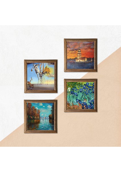 Salvador Dalí, Claude Monet, Van Gogh, İstanbul Kız Kulesi Taş Duvar Tablosu Ahşap Çerçeveli Duvar Dekoru 4 Parça Tablo Seti Wall Art W4-751 indirimleri