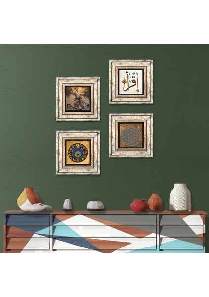 Yaşam Çiçeği, Semazen, İlk Ayet 'Oku', Nazar Taş Duvar Tablosu Çerçeveli Duvar Dekoru 4 Parça Tablo Seti Wall Art T4-613