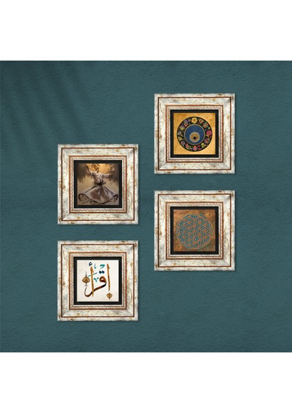 Yaşam Çiçeği, Semazen, İlk Ayet 'Oku', Nazar Taş Duvar Tablosu Çerçeveli Duvar Dekoru 4 Parça Tablo Seti Wall Art T4-613
