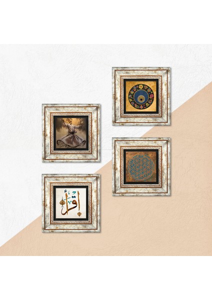 Yaşam Çiçeği, Semazen, İlk Ayet 'Oku', Nazar Taş Duvar Tablosu Çerçeveli Duvar Dekoru 4 Parça Tablo Seti Wall Art T4-613