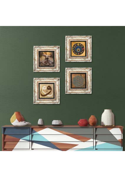 Yaşam Çiçeği, Semazen, Vav, Nazar Taş Duvar Tablosu Çerçeveli Duvar Dekoru 4 Parça Tablo Seti Wall Art T4-619