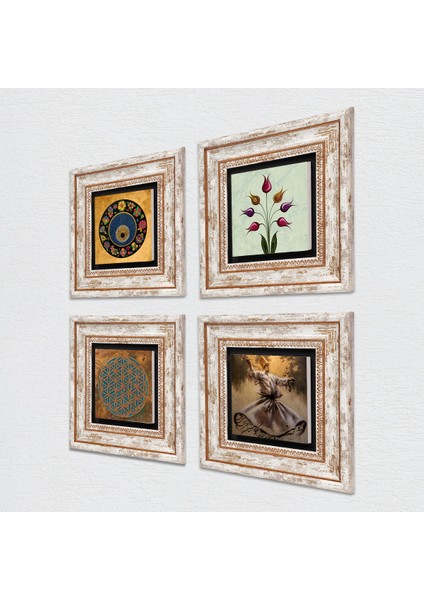 Yaşam Çiçeği, Semazen, Lale, Nazar Taş Duvar Tablosu Çerçeveli Duvar Dekoru 4 Parça Tablo Seti Wall Art T4-627