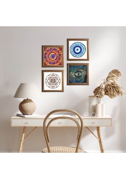 Mandala, Nazar, Sri Yantra Taş Duvar Tablosu Ahşap Çerçeveli Duvar Dekoru 4 Parça Tablo Seti Wall Art W4-1005