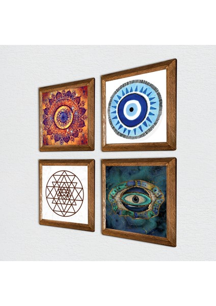 Mandala, Nazar, Sri Yantra Taş Duvar Tablosu Ahşap Çerçeveli Duvar Dekoru 4 Parça Tablo Seti Wall Art W4-1005 fiyatları