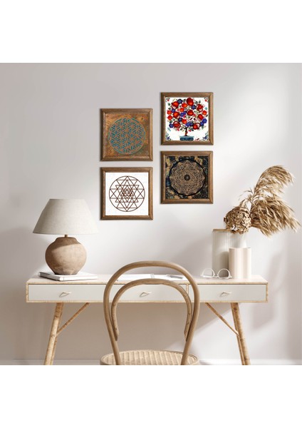 Yaşam Çiçeği, Sri Yantra, Nar Ağacı Taş Duvar Tablosu Ahşap Çerçeveli Duvar Dekoru 4 Parça Tablo Seti Wall Art W4-1017