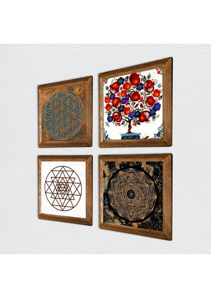 Yaşam Çiçeği, Sri Yantra, Nar Ağacı Taş Duvar Tablosu Ahşap Çerçeveli Duvar Dekoru 4 Parça Tablo Seti Wall Art W4-1017 fiyatları
