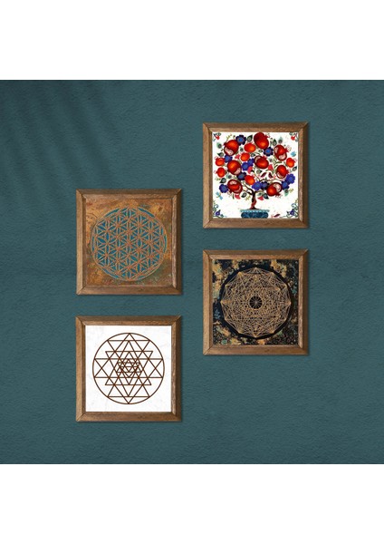 Yaşam Çiçeği, Sri Yantra, Nar Ağacı Taş Duvar Tablosu Ahşap Çerçeveli Duvar Dekoru 4 Parça Tablo Seti Wall Art W4-1017 modelleri