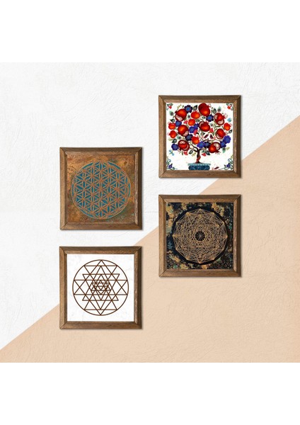 Yaşam Çiçeği, Sri Yantra, Nar Ağacı Taş Duvar Tablosu Ahşap Çerçeveli Duvar Dekoru 4 Parça Tablo Seti Wall Art W4-1017 indirimleri